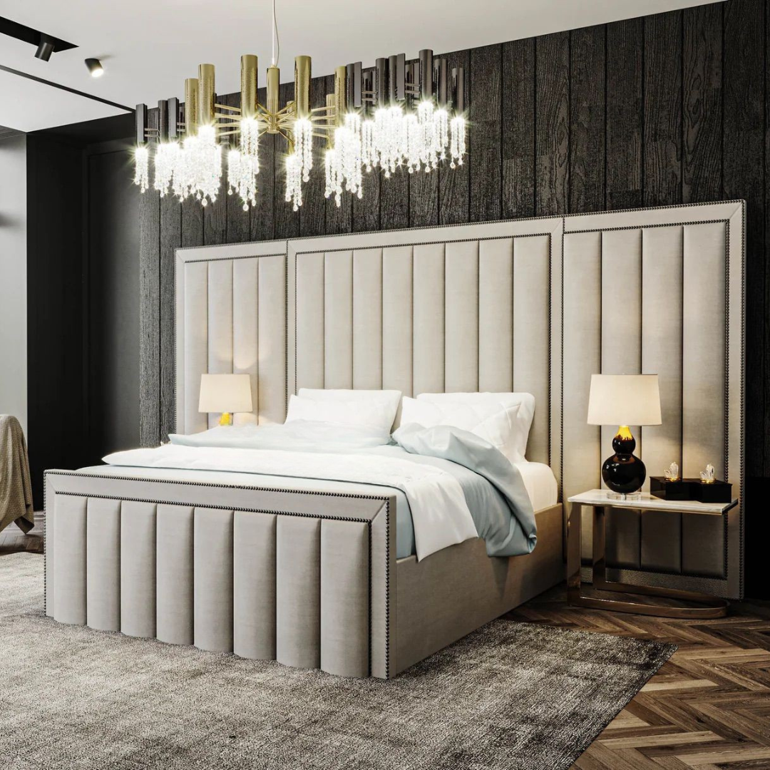 Grandeur Tall Headboard Upholstered Bed Frame With Ottoman Storage and Optional Mattress