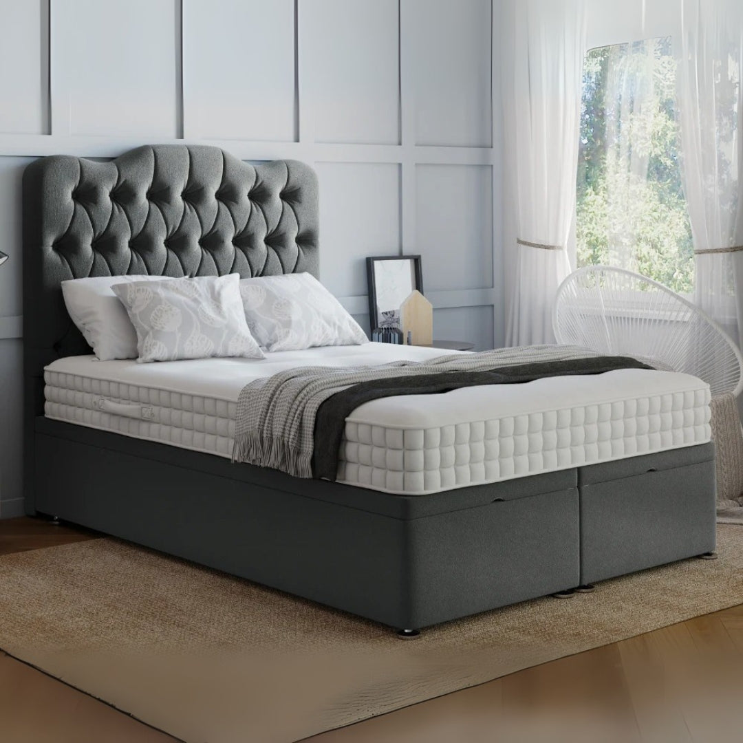 Serenity Chesterfield Lift Divan Bed with Divan Ottoman Storage and Optional Orthopedic Mattress
